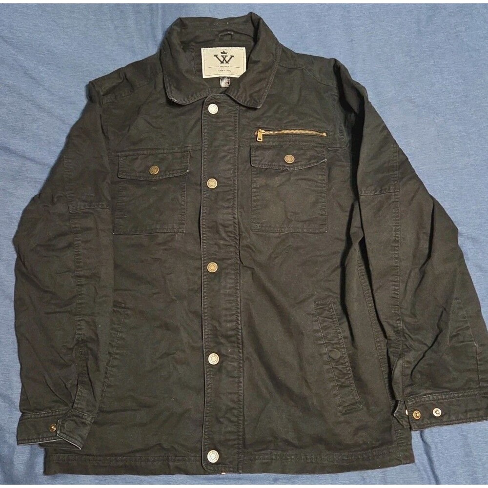 WenVen Men's Black Jacket Cotton Military Lapel Spring Casual Outwear XL